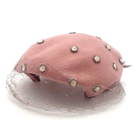Vintage 1950s Sequin Bead Studded Pink Velour Mesh Veiled Juliet Cap Hat Beret - Picture 4 of 15
